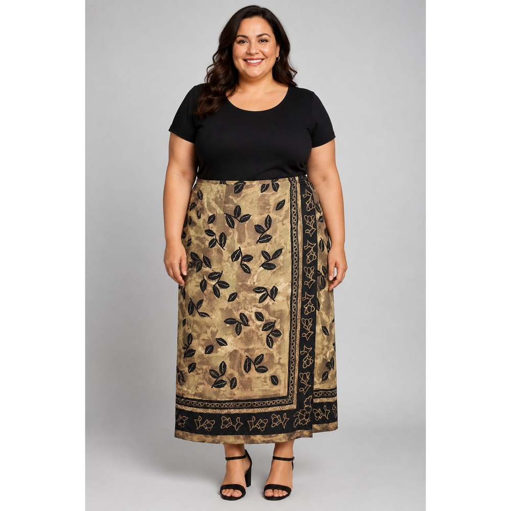 Josephine Chaus Womens 20 Brown Silk Wrap Maxi Skirt Leaf Print Plus Size